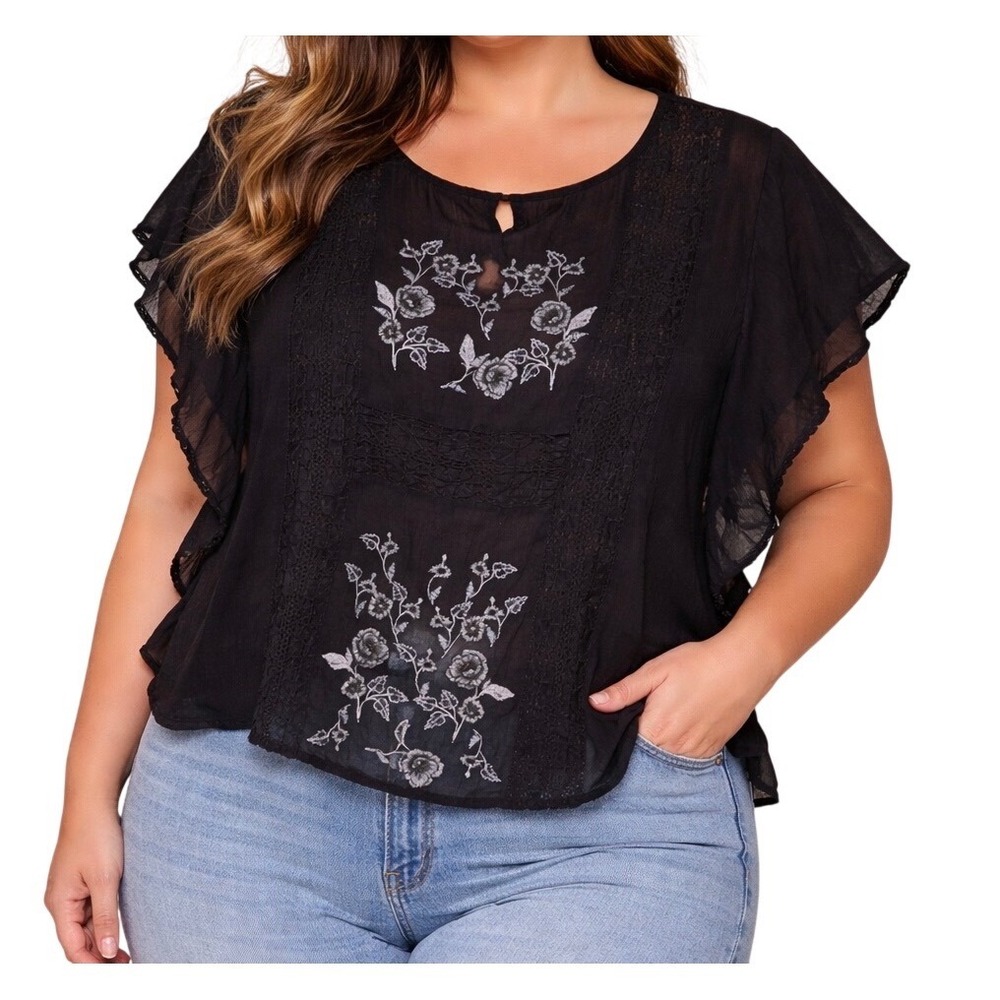 American Eagle Woman's M Embroidered Flutter Sleeve Blouse Navy Blue  Boho